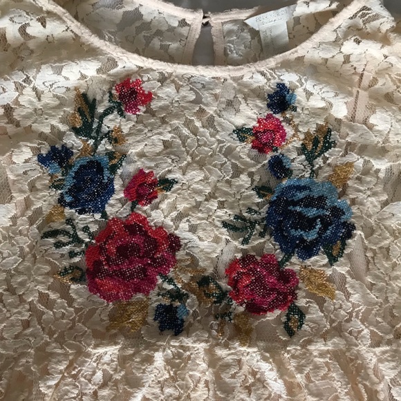 Off White Lace Dress with Floral Embroidery - Picture 2 of 3